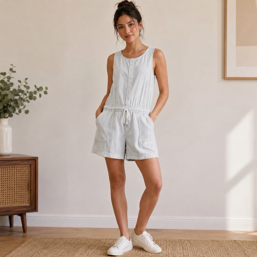 Athleta Women's Sleeves Gray/White Romper One-Piece Shorts Drawstring Size 1X